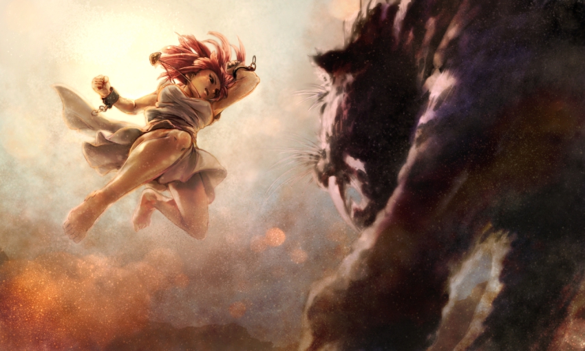 1girl, barefoot, battle, cuffs, feet, hoel, jewelry, jumping, legs, magi_the_labyrinth_of_magic, morgiana, pendant, red_hair, shackles, short_hair, smilodon, smoke, yuri_(kigenso)