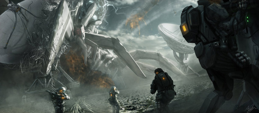 4boys, adam_burn, assault_rifle, battle, cable, destruction, electricity, epic, explosion, gun, helmet, image_sample, machine, male_focus, multiple_boys, original, phoenix(artist), realistic, rifle, satellite, science_fiction, soldier, telikos_protocol, weapon, wire