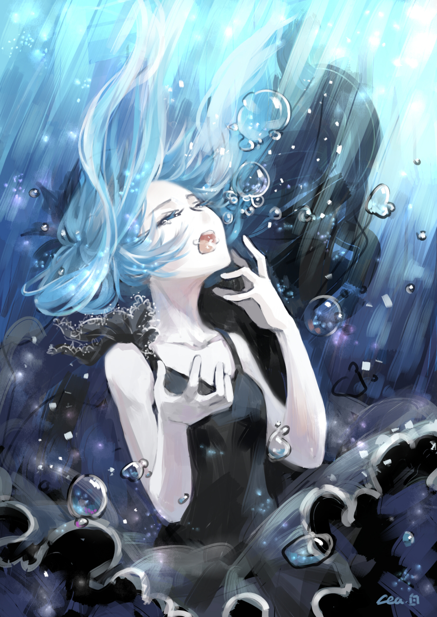 1girl, air_bubble, asphyxiation, blowing_bubbles, breath, bubble, closed_eyes, collarbone