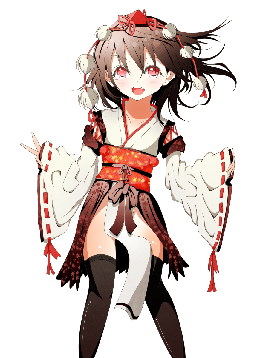 1girl, :d, absurdres, alternate_costume, black_hair, blush, bokkun_(koukii), brown_hair, detached_sleeves, female_focus, hat, highres, ichijo_rei, japanese_clothes, kimono, kourindou_tengu_costume, long_hair, looking_at_viewer, obi, open_mouth, pom_pom_(clothes), red_eyes, ribbon-trimmed_sleeves, ribbon_trim, sash, shameimaru_aya, simple_background, smile, solo, tokin_hat, touhou, white_background