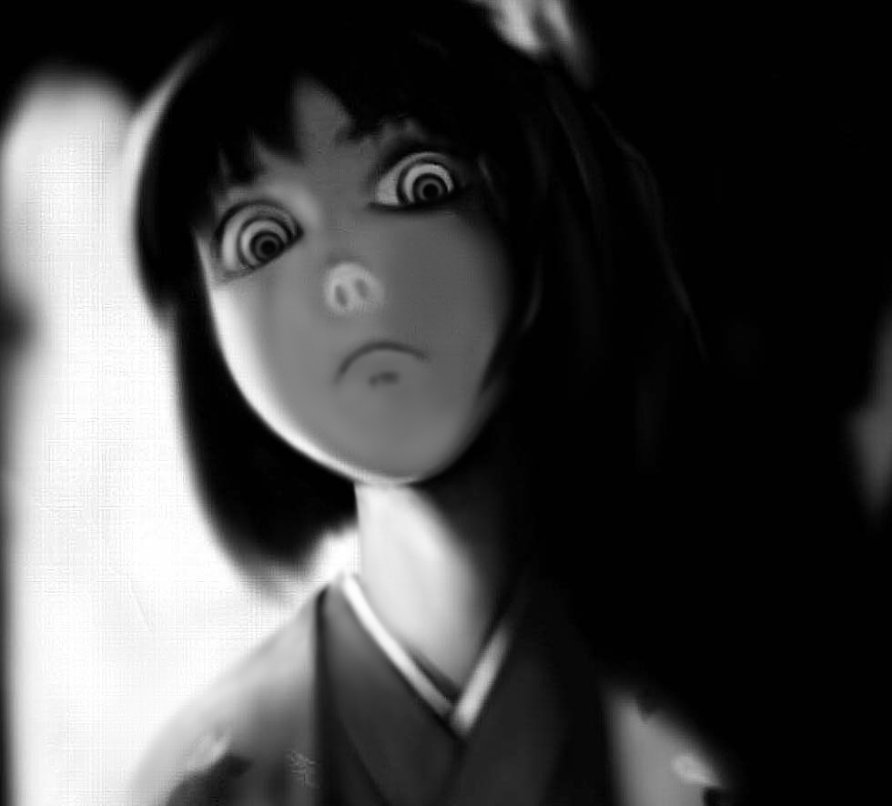 1girl, creepy, female_focus, futon_(kitsune_tsuki), greyscale, heida_no_akyuu, hieda_no_akyuu, horror_(theme), japanese_clothes, kitsune_tsuki, monochrome, perfect_memento_in_strict_sense, solo, staring, touhou