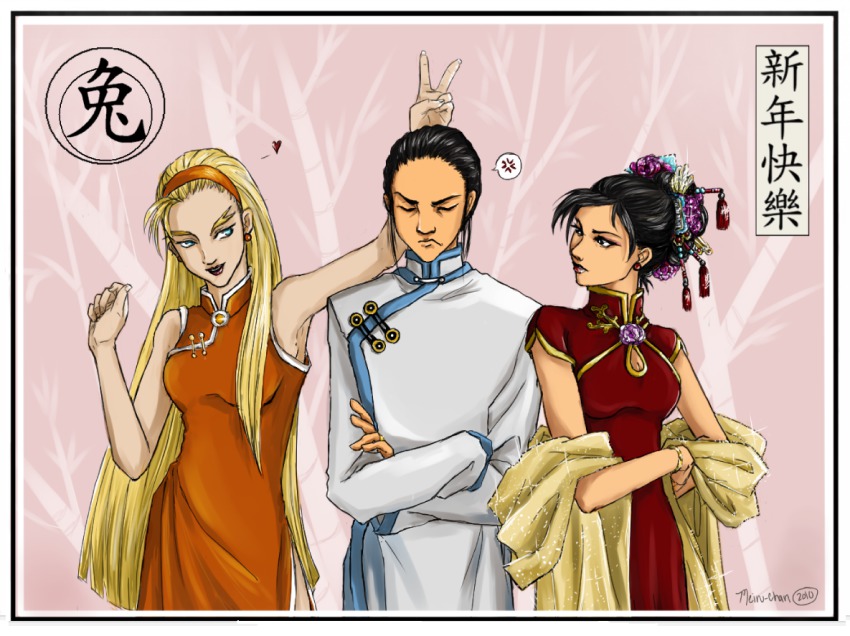 1boy, 2girls, anger_vein, bare_shoulders, black_hair, blonde_hair, blue_eyes, breasts, bunny_ears_prank, chang_meiran, chang_wufei, china_dress, chinese_clothes, chinese_new_year, crossed_arms, dorothy_catalonia, dress, earrings, forked_eyebrows, fringe_trim, gundam, gundam_wing, hair_bun, hair_ornament, hair_slicked_back, hair_up, hairband, jewelry, long_hair, looking_at_another, medium_breasts, meiru-chan, multiple_girls, shawl, signature, single_hair_bun, spoken_anger_vein, standing, very_long_hair
