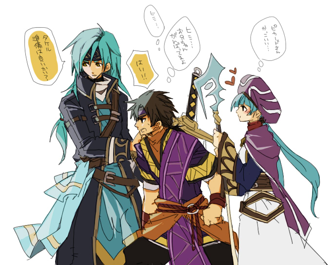 1girl, 2boys, bad_id, bad_pixiv_id, blue_hair, brown_hair, golden_sun, golden_sun:_dark_dawn