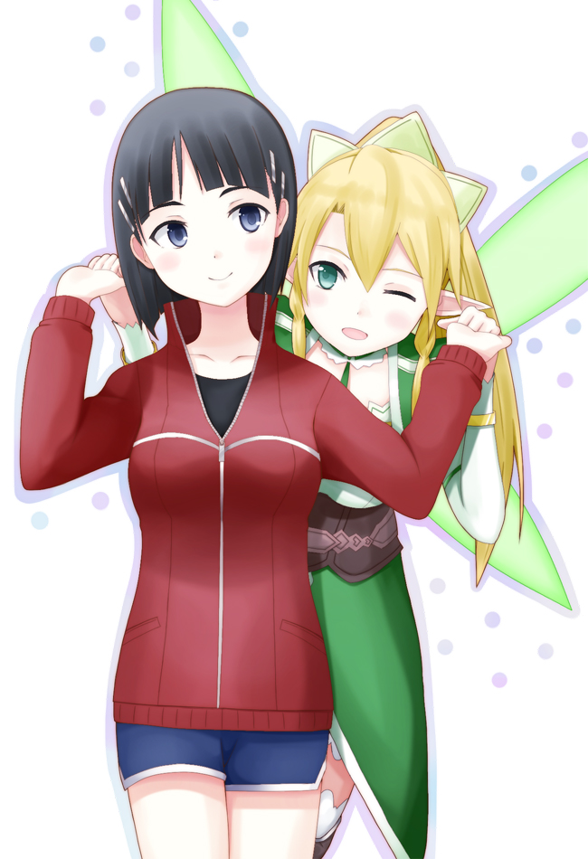 10s, 2girls, black_hair, blonde_hair, blush, braid, dual_persona, elf, fairy_wings, green_eyes, hibiki_(pixiv231666), holding_hands, jacket, kirigaya_suguha, leafa_(sao), long_hair, multiple_girls, one_eye_closed, pointy_ears, ponytail, short_hair, shorts, smile, sui_(tsuruhibiki), sword_art_online, track_jacket, twin_braids, wings, wink