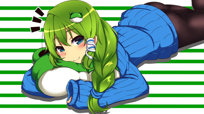 1_(kawaseha), 1girl, black_pantyhose, blue_eyes, blush, braid, cushion, female_focus