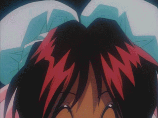 1990s_(style), 1girl, animated, animated_gif, bouncing_breasts, breasts, brooch, brown_hair, burn-up, burn-up_w, cleavage, cleavage_cutout, closed_eyes, clothing_cutout, dark-skinned_female, dark_skin, female_focus, jewelry, large_breasts, lowres, nanvel_candlestick, no_bra, qvga, retro_artstyle, ribbon, smile, solo