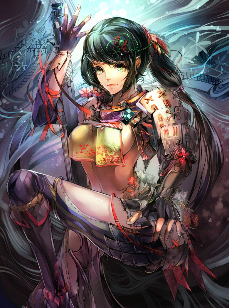 1girl, armor, bad_id, bad_pixiv_id, black_hair, female_focus, fumoe, green_eyes