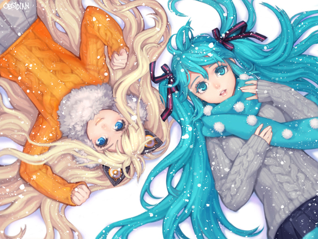 2girls, animal_ears, aqua_eyes, aqua_hair, aqua_scarf, aran_sweater, blonde_hair, blue_eyes