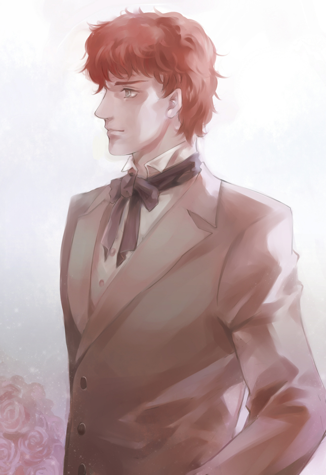 1boy, blue_eyes, ascot, expressionless, flower, formal_clothes, ginga_eiyuu_densetsu, male_focus