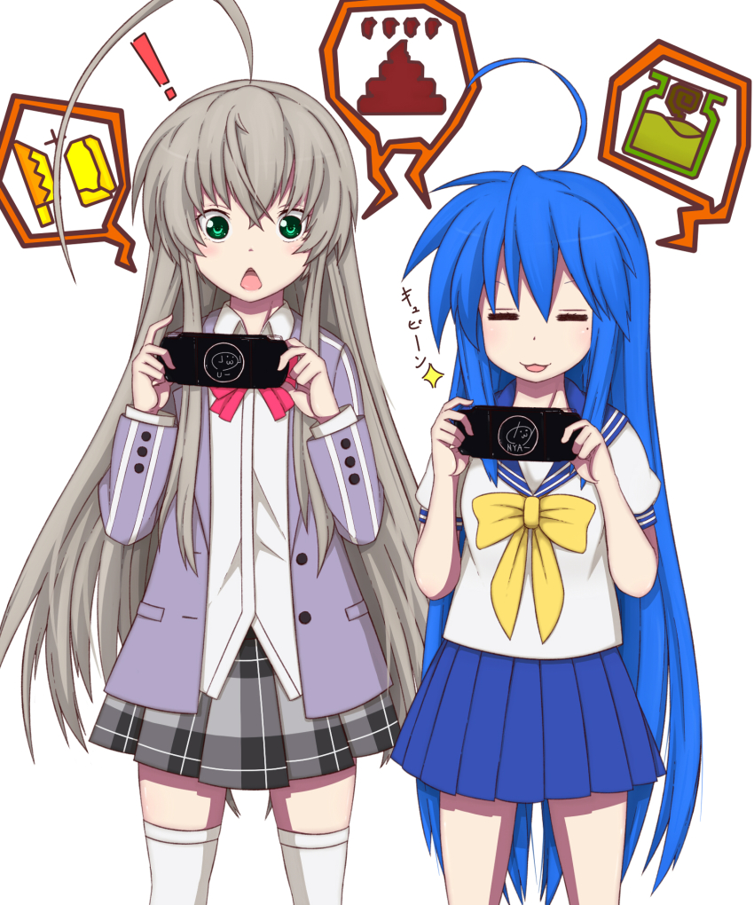 00s, 2girls, :3, ahoge, bad_id, bad_pixiv_id, blue_hair, capcom, chestnut_mouth, crossover, green_eyes, haiyore!_nyaruko-san, handheld_game_console, highres, izumi_konata, long_hair, lucky_star, mole, mole_under_eye, monster_hunter_(series), multiple_girls, neotame_(lic-lac-sora), nyarlathotep_(nyaruko-san), playing_games, playing_video_games, playstation_portable, poop, school_uniform, serafuku, silver_hair, taiyou_iwaku_moe_yo_chaos, thighhighs, white_legwear