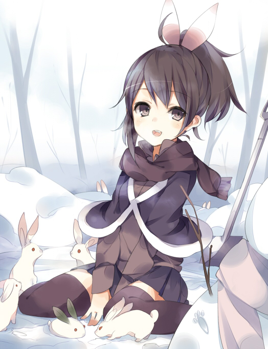 1girl, :d, animal_ears, bad_id, bad_pixiv_id, black_hair, black_theme, black_thighhighs