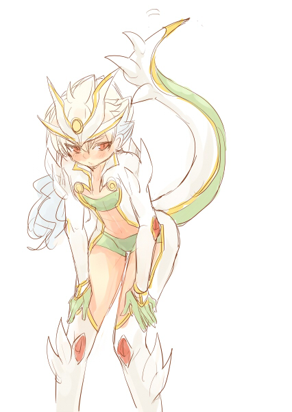 1boy, adapted_costume, bad_id, bad_pixiv_id, blush, hakuryuu_(inazuma_eleven), inazuma_eleven_(series), inazuma_eleven_go, inazuma_eleven_go_chrono_stone, keshin_armed, long_hair, male_focus, multicolored_hair, red_eyes, shining_dragon, solo, tail, tobi_(one), two-tone_hair, white_background