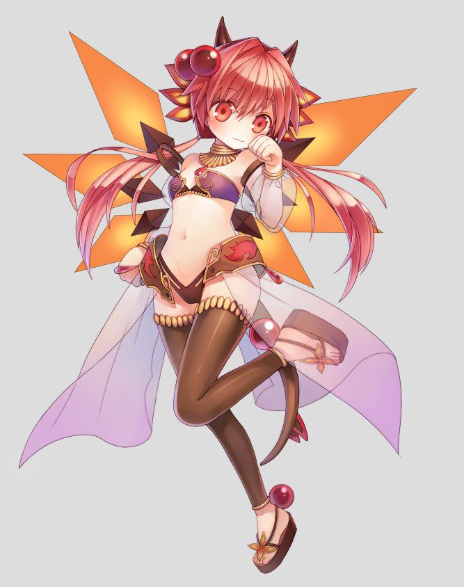 1girl, alma_(emil_chronicle_online), emil_chronicle_online, female_focus, full_body, puzzle_&amp;_dragons, red_hair, salamander_alma, simple_background, solo, thighhighs, wings