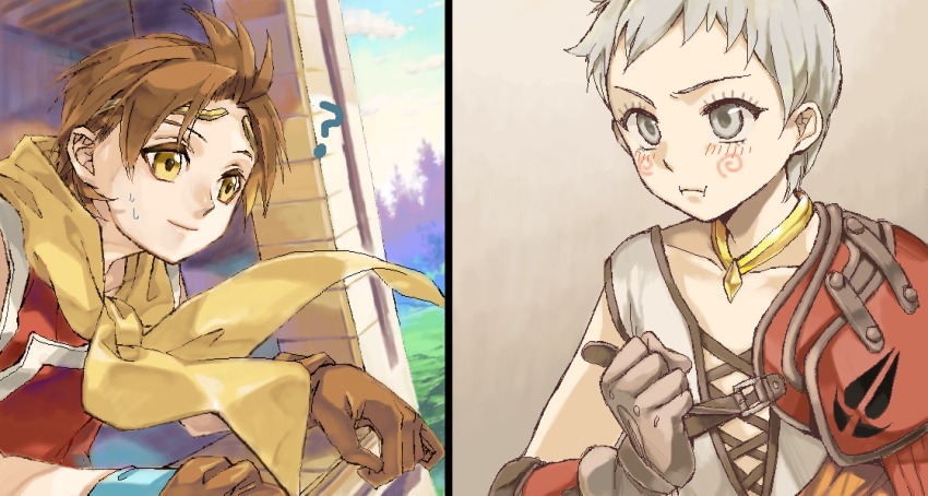 2boys, ?, bad_id, bad_pixiv_id, blush, brown_hair, collarbone, gensou_suikoden