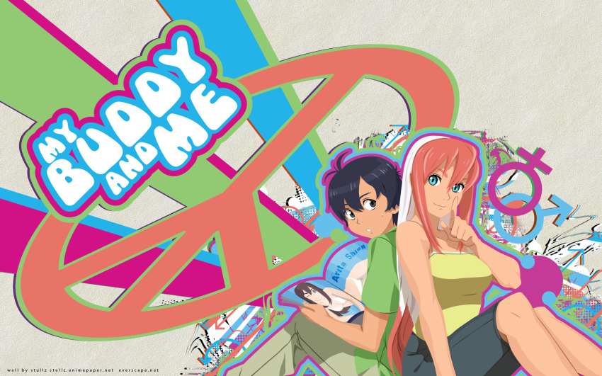 00s, 1boy, 1girl, arita_shion, artist_request, back-to-back, bare_shoulders, birdy_cephon_altera, blue_eyes, breasts, casual, finger_to_mouth, flat_color, highres, long_hair, magazine_(object), multicolored_hair, red_hair, senkawa_tsutomu, shirt, shorts, shushing, t-shirt, tank_top, tetsuwan_birdy, tetsuwan_birdy_decode, two-tone_hair, white_hair