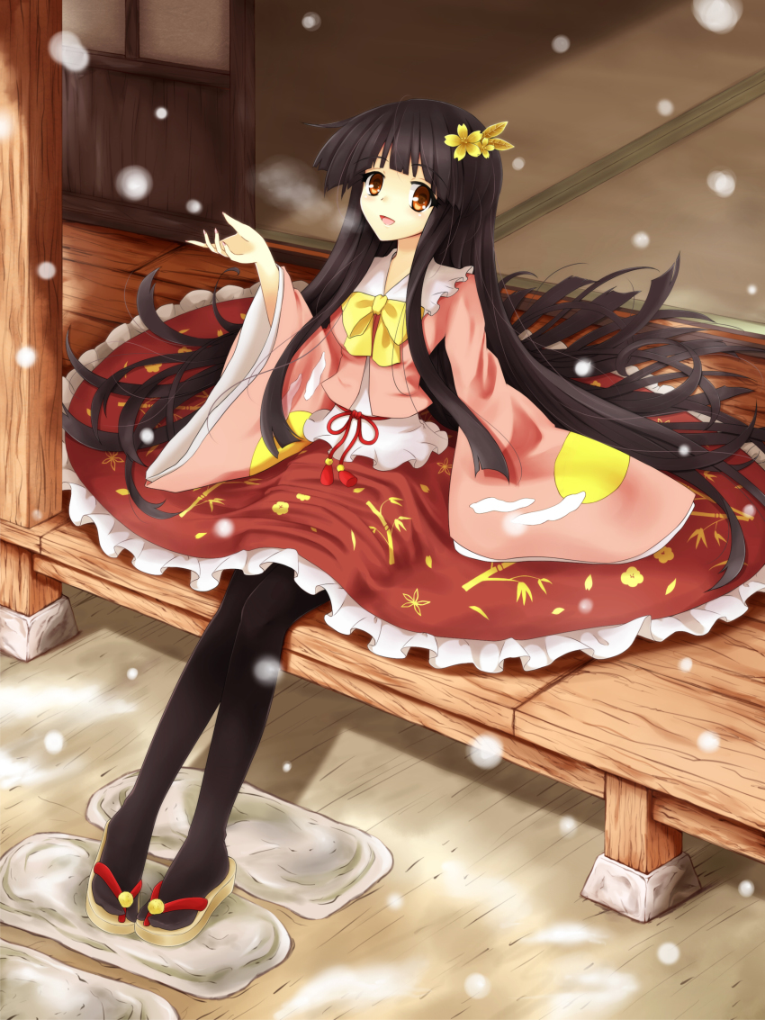 1girl, absurdres, black_hair, black_pantyhose, blush, breasts, clog_sandals, female_focus, flan_(zhd91), flower, hair_flower, hair_ornament, highres, houraisan_kaguya, long_hair, long_sleeves, open_mouth, pantyhose, sandals, skirt, smile, snow, solo, touhou, very_long_hair, zouri