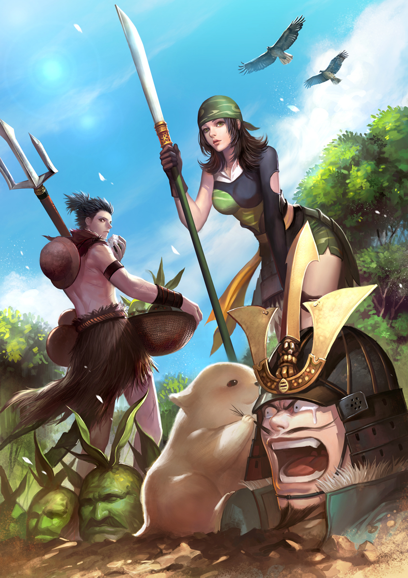 1girl, 2boys, animal, armor, bandana, bird, blue_sky, brown_hair