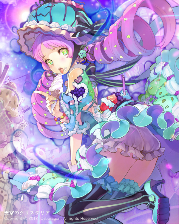 1girl, bow, cocorip, dress, drill_hair, female_focus, food, fruit