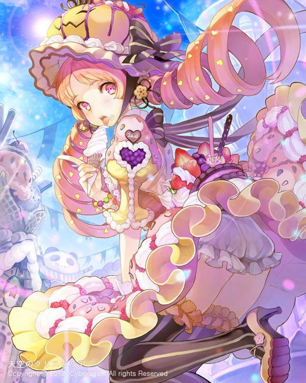 1girl, bow, cocorip, dress, drill_hair, female_focus, food, fruit