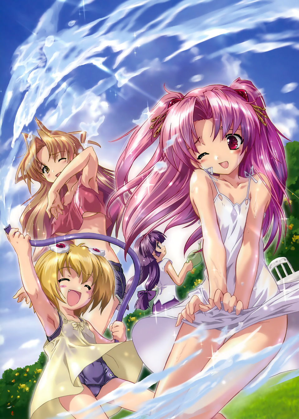 00s, 4girls, arm_up, blonde_hair, bow, breasts, day, closed_eyes