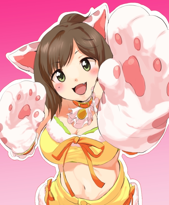 10s, 1girl, animal_ears, animal_hands, breasts, cat_ears, cat_tail, cleavage