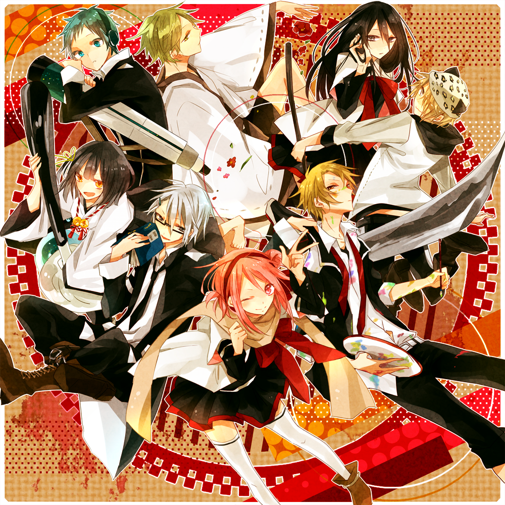 10s, 3girls, 5boys, akama_yuto, bad_id, bad_pixiv_id, bimi_(mgk), black_hair