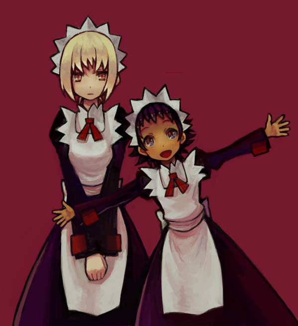 2girls, apron, beluna, black_hair, blonde_hair, dark_skin, dark-skinned_female, elena_(the_voynich_hotel)