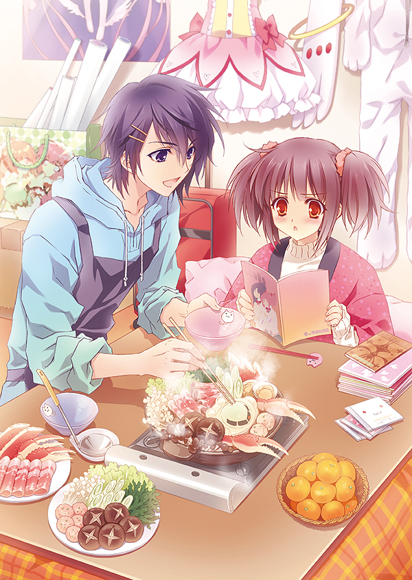 1boy, 1girl, :3, akemi_homura, apron, bad_id, bad_pixiv_id, bag