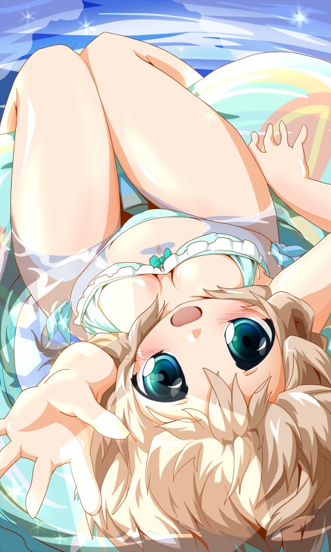 1girl, bikini, blonde_hair, blue_eyes, female_focus, foreshortening, innertube, knees_together_feet_apart, original, reaching, reaching_towards_viewer, short_hair, solo, soutsuki_naru, submerged, swim_ring, swimsuit, water