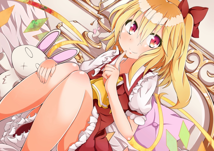 1girl, ascot, bare_legs, bed, blonde_hair, blush, bow, female_focus