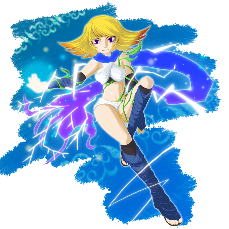 1girl, blonde_hair, blue_scarf, electricity, female_focus, kid_icarus, kid_icarus_uprising, midriff, multicolored_hair, navel, nintendo, orange_hair, phosphora, plant, purple_eyes, rubi_nemesis, scarf, short_hair, smile, solo, two-tone_hair, vines