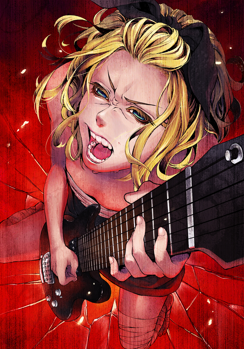1girl, bad_id, bad_pixiv_id, bangs_pinned_back, blonde_hair, blue_eyes, electric_guitar, female_focus, guitar, hachiohji-yoichi, hair_ribbon, instrument, kagamine_rin, open_mouth, ribbon, sarashi, short_hair, solo, sweat, tengaku_(vocaloid), v-shaped_eyebrows, vocaloid
