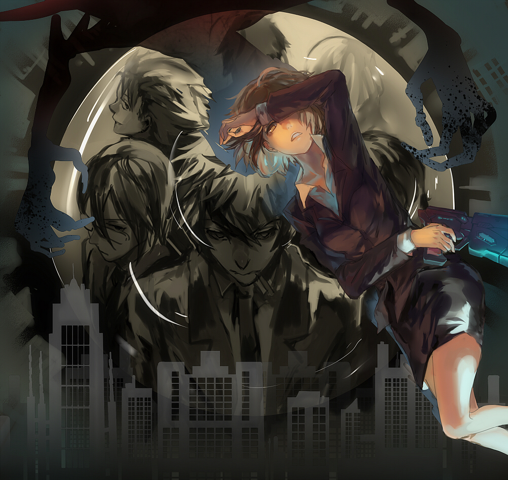 10s, 3girls, 4boys, blonde_hair, brown_eyes, cityscape, ginoza_nobuchika, glasses