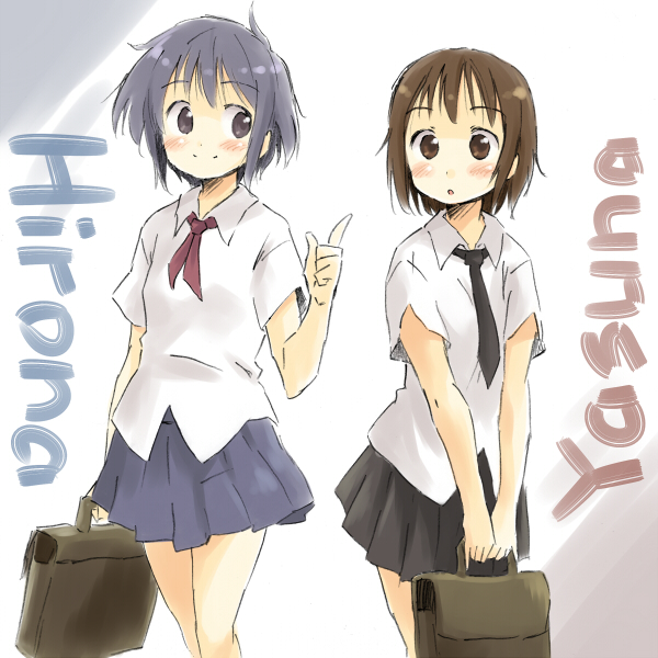 2girls, bag, black_necktie, blue_hair, blush, brown_hair, character_name, crossover