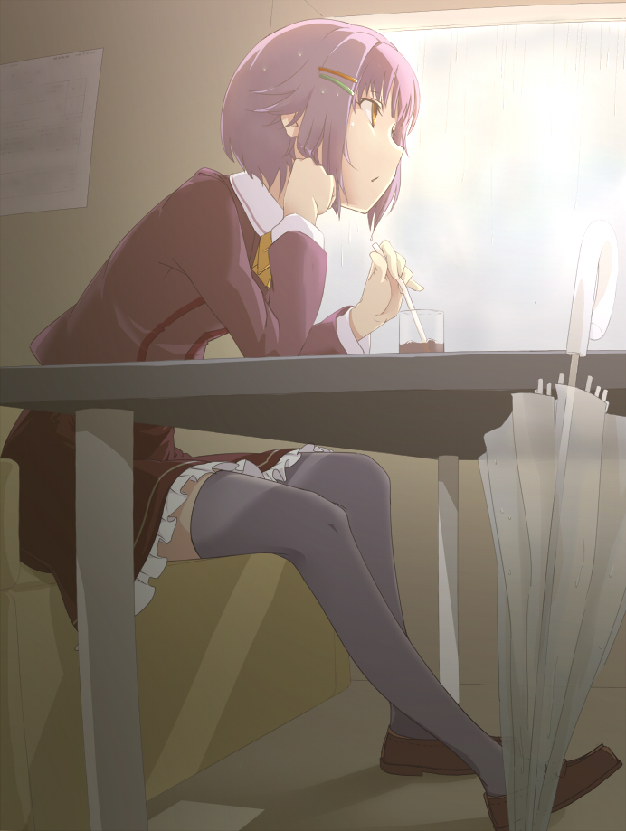 10s, 1girl, brown_hair, female_focus, glass, grey_thighhighs, holding, idolmaster