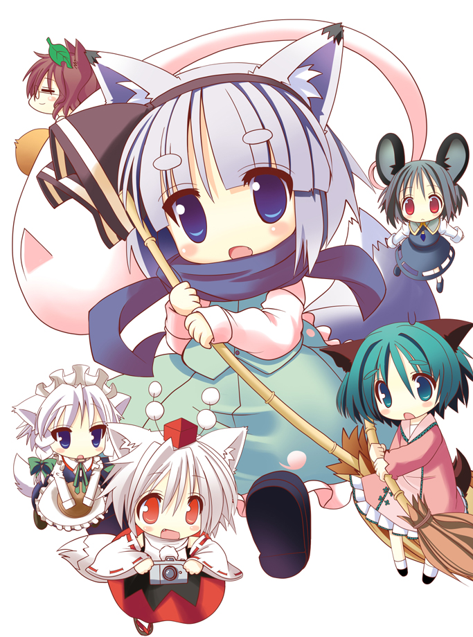 6+girls, :<, :d, ahoge, animal_ears, bamboo_broom, blue_eyes, blush_stickers, bow, braid, broom, camera, capelet, cat_ears, cat_girl, cat_tail, chibi, closed_eyes, detached_sleeves, dog_ears, dog_tail, dress, fang, female_focus, flying, fox_ears, fox_tail, futatsuiwa_mamizou, gem, glasses, green_eyes, green_hair, grey_dress, grey_hair, hair_bow, hair_ribbon, hat, hat_ribbon, hitodama, inu_sakuya_(nejikirio), inubashiri_momiji, izayoi_sakuya, japanese_clothes, jewelry, juliet_sleeves, kasodani_kyouko, konpaku_youmu, konpaku_youmu_(ghost), leaf, leaf_on_head, long_sleeves, looking_at_viewer, maid, maid_headdress, mini_person, minigirl, mouse_ears, mouse_tail, multiple_girls, nagomi_tozakura, nazrin, necklace, object_on_head, open_mouth, pendant, pink_dress, pom_pom_(clothes), profile, puffy_sleeves, raccoon_ears, raccoon_tail, red_eyes, ribbon, sandals, scarf, shoes, short_hair, side_braid, simple_background, single_braid, smile, socks, sweatdrop, tail, thick_eyebrows, tokin_hat, touhou, tray, twin_braids, v_arms, vest, white_background, white_legwear, wide_sleeves, wolf_ears, wolf_tail, zouri
