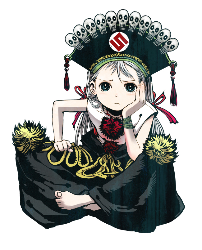 1girl, barefoot, enma, enma_(mythology), feet, female_focus, frown, indian_style, nagasawa_shin, original, sitting, skull, solo