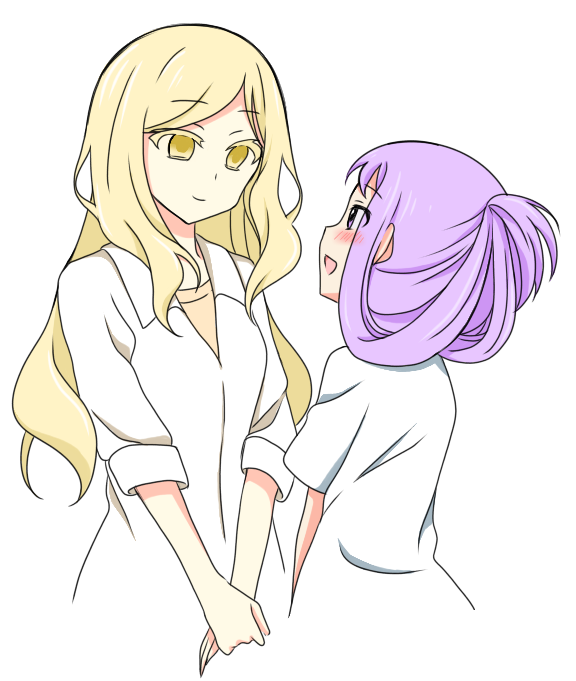 2girls, blonde_hair, blush, eye_contact, hair_up, long_hair, looking_at_another, multiple_girls, purple_hair, saki_(manga), simple_background, smile, sou_(mgn), suehara_kyouko, yellow_eyes, zenno_(saki)
