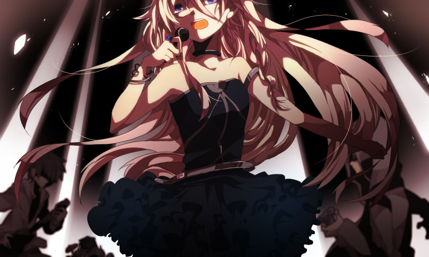 1girl, bad_id, bad_pixiv_id, bare_shoulders, blue_eyes, bracelet, female_focus, ia_(vocaloid), jewelry, long_hair, microphone, open_mouth, pink_hair, ring, skirt, solo, vocaloid, yuuyuu_(yuk1130)
