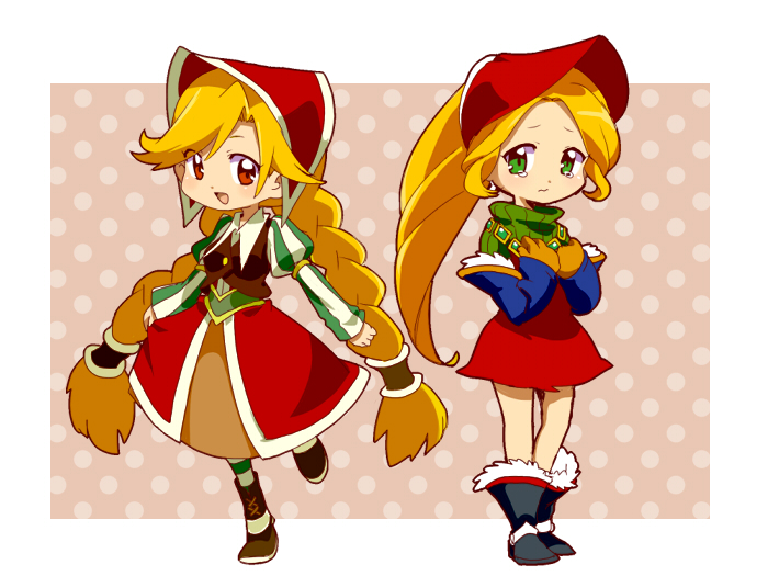 2girls, blonde_hair, boots, braid, chibi, cordelia_(saga), cordelia_(saga_frontier_2), full_body