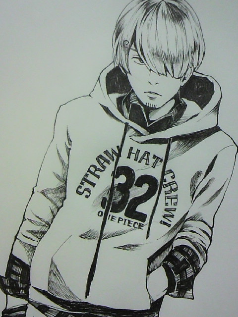 1boy, alternate_costume, asukasuka, hair_over_one_eye, hand_in_pocket, hood, hoodie, male_focus