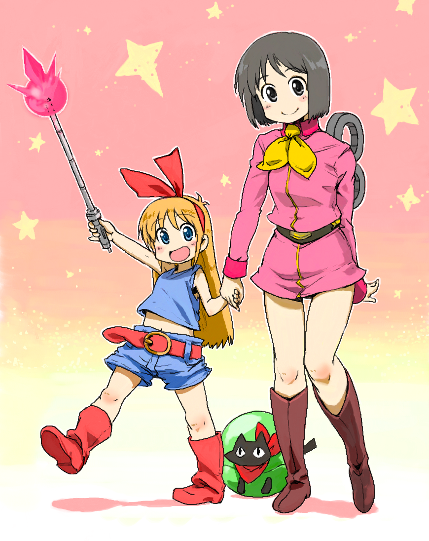 2girls, arm_up, bare_shoulders, belt, black_cat, black_hair, blonde_hair, blue_eyes, blue_shirt, boots, brown_eyes, brown_footwear, brown_hair, cat, chikuwa_(tks), cosplay, crossover, dress, fraw_bow, fraw_bow_(cosplay), full_body, gundam, gundam_javelin, hair_ribbon, haro, haro_(cosplay), holding_hands, kikka_kitamoto, kikka_kitamoto_(cosplay), long_hair, long_sleeves, midriff, mobile_suit_gundam, multiple_girls, navel, neckerchief, nichijou, open_mouth, professor_shinonome, red_footwear, ribbon, robot, sakamoto_(nichijou), shadow, shinonome_nano, shirt, short_dress, short_hair, shorts, sleeveless, sleeveless_shirt, smile, standing, standing_on_one_leg, star_(symbol), star_symbol_background, tank_top, thigh_gap, uniform, walking, winding_key