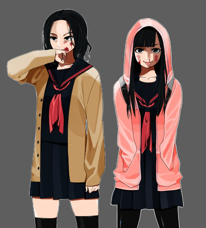 2girls, :p, agemono, bad_id, bad_pixiv_id, black_hair, black_legwear, blood, blood_on_face, cardigan, center_(majisuka_gakuen), hands_in_pockets, hood, hoodie, long_hair, majisuka_gakuen, multiple_girls, nezumi_(majisuka_gakuen), open_cardigan, open_clothes, open_hoodie, pantyhose, pleated_skirt, school_uniform, serafuku, skirt, smile, thighhighs, tongue, tongue_out, zettai_ryouiki