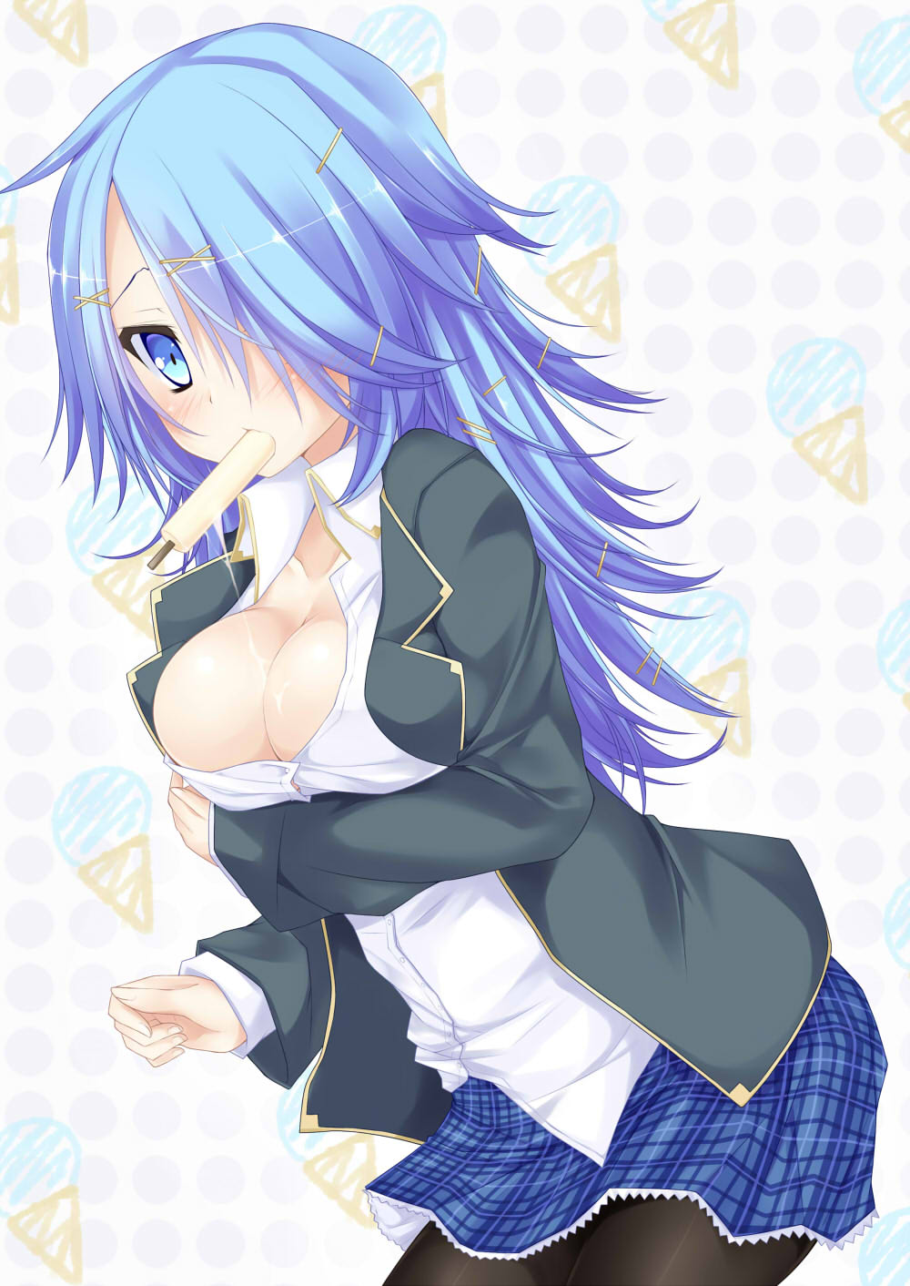 1girl, black_pantyhose, blue_eyes, blue_hair, blush, breast_hold, breasts, cleavage, female_focus, fiona_ron'vu~arudi, food, hair_ornament, hair_over_one_eye, hairclip, highres, jacket, large_breasts, long_hair, matching_hair/eyes, mouth_hold, original, pantyhose, plaid_clothes, plaid_skirt, popsicle, sexually_suggestive, shirt, skirt, solo, suterii, white_shirt