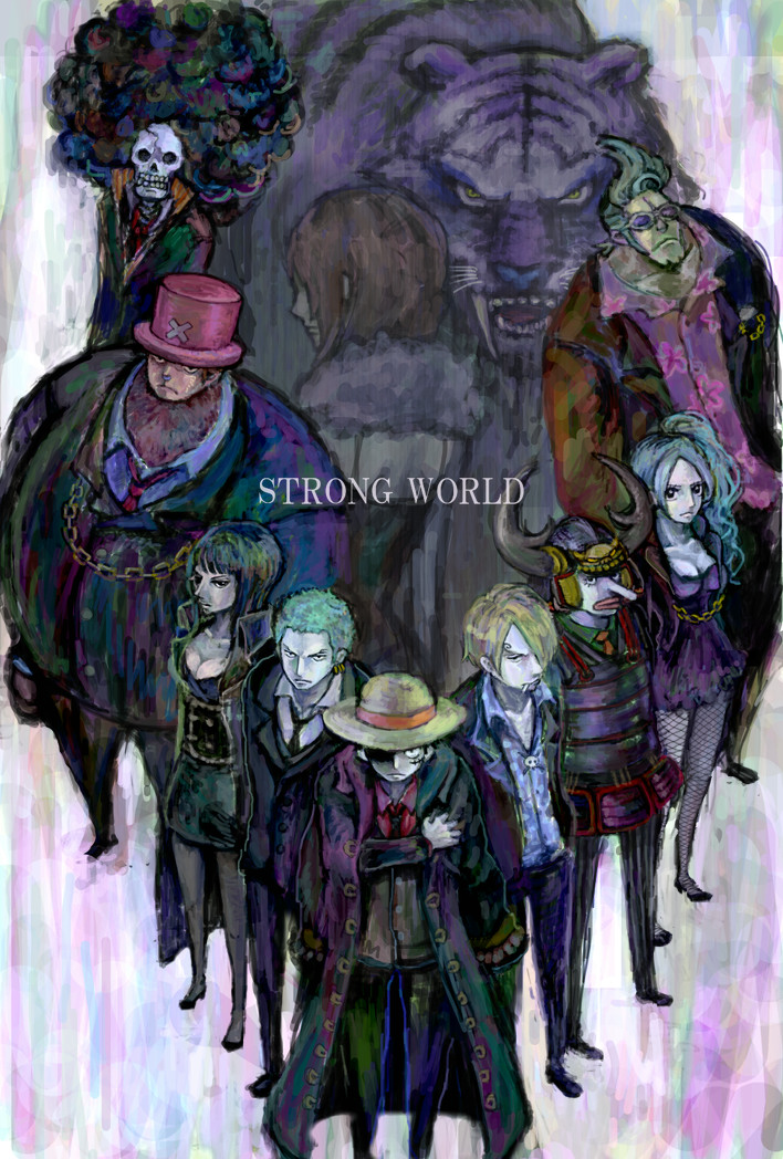 belt, black_hair, blonde_hair, blue_hair, bolo_tie, brook_(one_piece), cyborg, dress, earrings, fishnets, formal_clothes, franky_(one_piece), frown, green_hair, hair_over_one_eye, hat, jacket, jacket_on_shoulders, jewelry, kong_(yuico), monkey_d._luffy, nami_(one_piece), necktie, nefertari_vivi, nico_robin, one_piece, one_piece:_strong_world, orange_hair, polka_dot, polka_dot_shirt, ponytail, red_shirt, reindeer, roronoa_zoro, sanji_(one_piece), serious, sheath, sheathed, shirt, skeleton, smoking, straw_hat, suit, sunglasses, tiger, tony_tony_chopper, top_hat, usopp, x_(symbol)