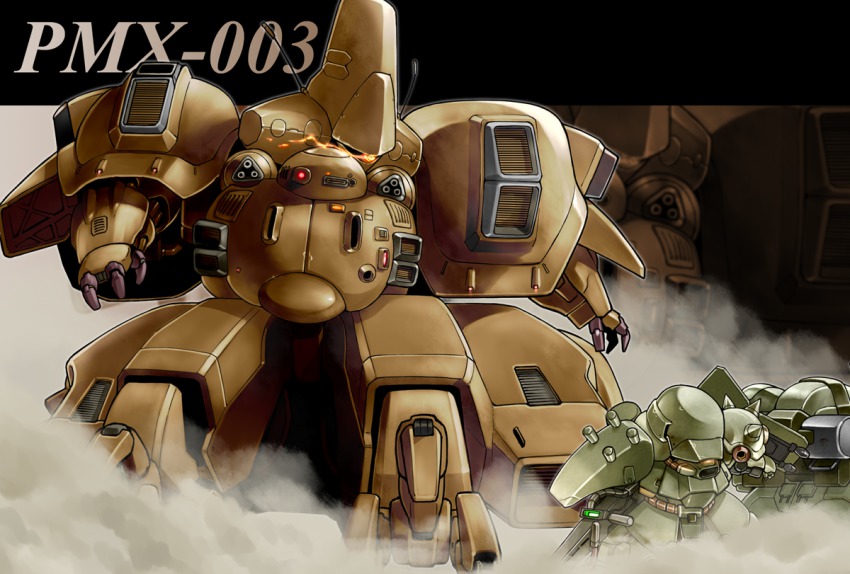 beam_rifle, dust, energy_gun, geara_doga, glowing, glowing_eye, gun, gundam, gundam_the_revival_of_zeon, mecha, no_humans, phenne, robot, shield, size_difference, the_o_ii, weapon, zoom_layer