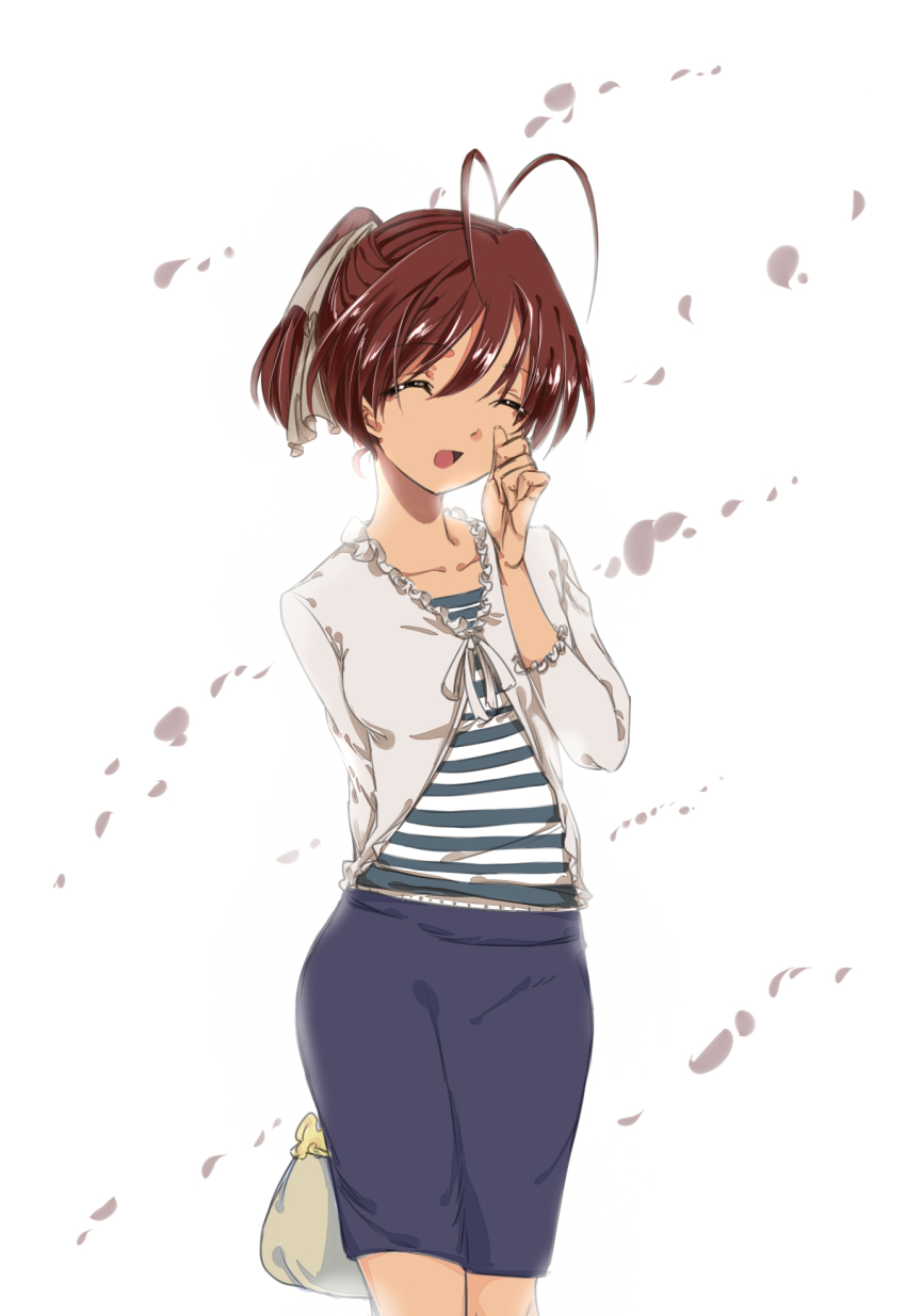 00s, 1girl, :d, ^_^, aged_up, antenna_hair, baijiin_poison, blouse, brown_hair, clannad, closed_eyes, female_focus, furukawa_nagisa, highres, open_mouth, ponytail, shirt, short_hair, smile, solo
