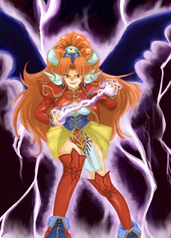 1girl, bat_wings, boots, breasts, cleavage, corset, demon_girl, earrings, electricity, female_focus, game_arts, grandia, grandia_ii, green_eyes, hair_ornament, jacket, jewelry, lightning, long_hair, millenia_(grandia), nakroom, orange_hair, signature, skirt, smile, solo, thighhighs, wings