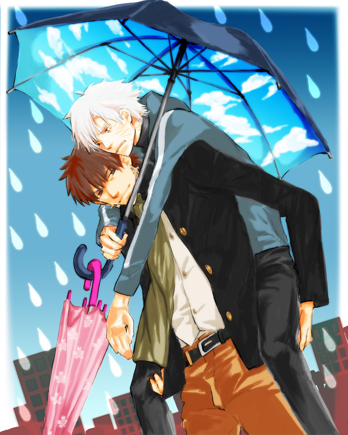 2boys, brown_eyes, brown_hair, carrying, casual, cross, cross_earrings, earrings, fate/zero, fate_(series), holding, holding_umbrella, jacket, jewelry, kotomine_kirei, kotomine_kirei_(fate/zero), male_focus, matou_kariya, multiple_boys, piggyback, rain, scarf, teaegg, umbrella, white_hair