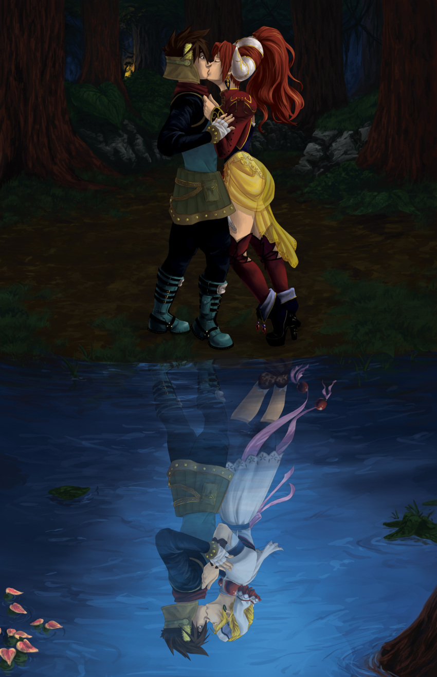 1boy, 2girls, absurdres, alrynnas, blonde_hair, boots, closed_eyes, corset, different_reflection, dress, dual_persona, earrings, elena_(grandia), fingerless_gloves, forest, game_arts, gloves, grandia, grandia_ii, headscarf, highres, jacket, jewelry, kiss, knee_boots, long_hair, millenia_(grandia), multiple_girls, nature, ponytail, red_hair, reflected_worlds, reflection, ribbon, ryudo_(grandia), short_hair, skirt, surprised, thighhighs, tree, water